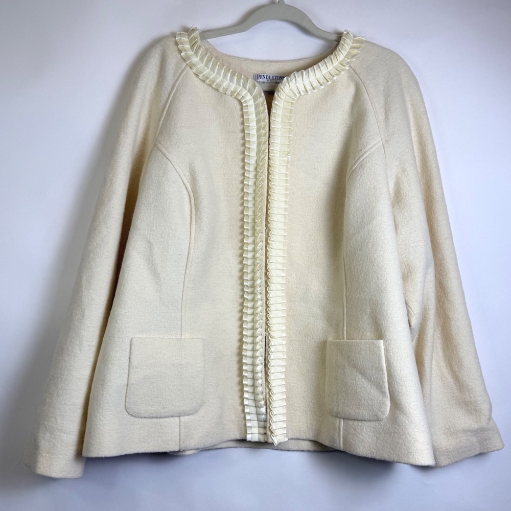Pendleton Plus Ivory Wool‎ Blend Open Front Jacket Ribbon Trim Cream 3X